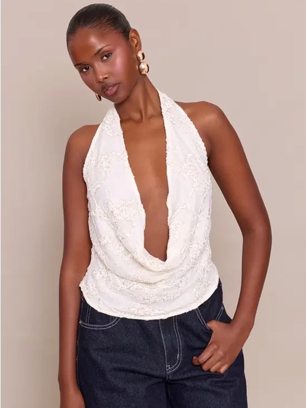 PLT Cream Lace Cowl Neck Top